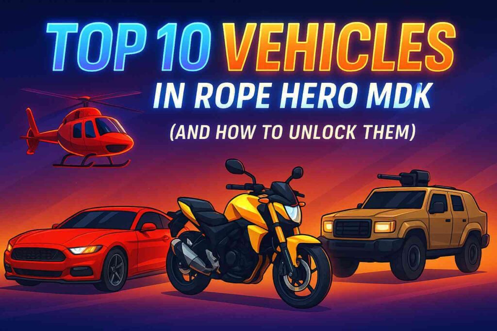 Top 10 Vehicles in Rope Hero banner with glowing title, red helicopter, red car, black-yellow bike, and tan armored SUV on a gradient.