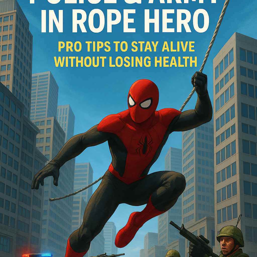 Promotional square graphic for Rope Hero guide showing a superhero swinging over a city with police and army vehicles below, with the title “How to Survive Police and Army in Rope Hero Without Losing Health.”